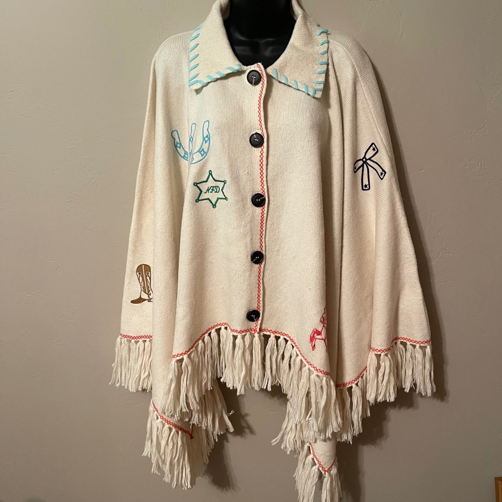 Never Fully Dressed Cream Western Embroidered Fringe Poncho Cape Size L